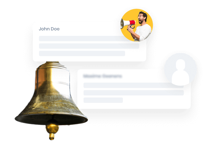 Illustratie. Man roept door megafoon. Invulvelden met meldingen van medewerkers en anonieme personen.