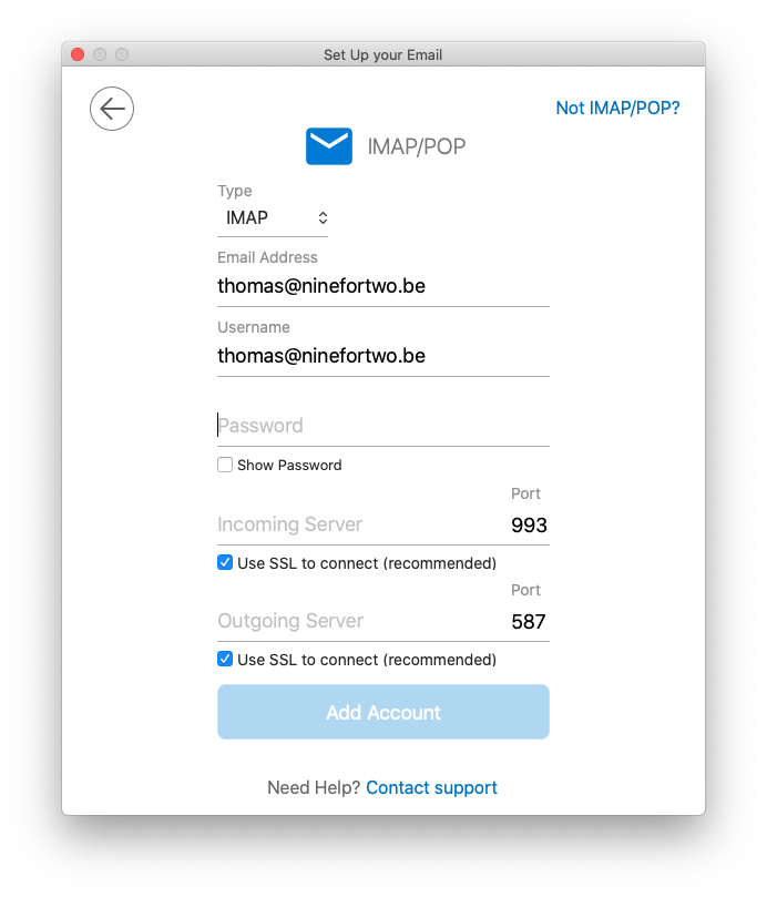 Choose IMAP or POP in the drop-down menu and enter the missing information
