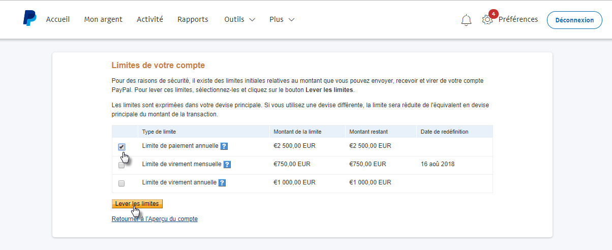paypal limites