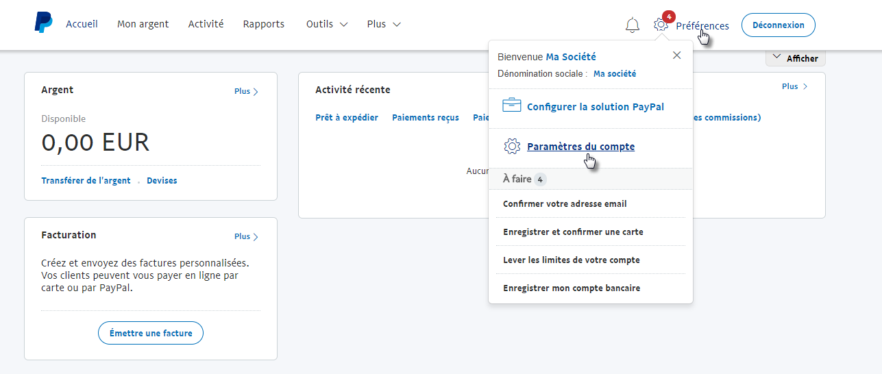 parametres paypal du compte