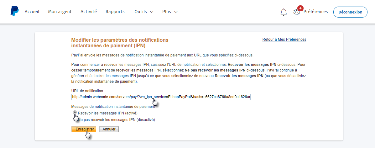 modifier les parametres paypal ipn