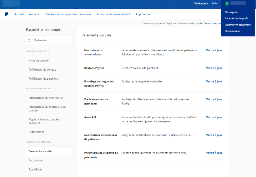 parametres paypal
