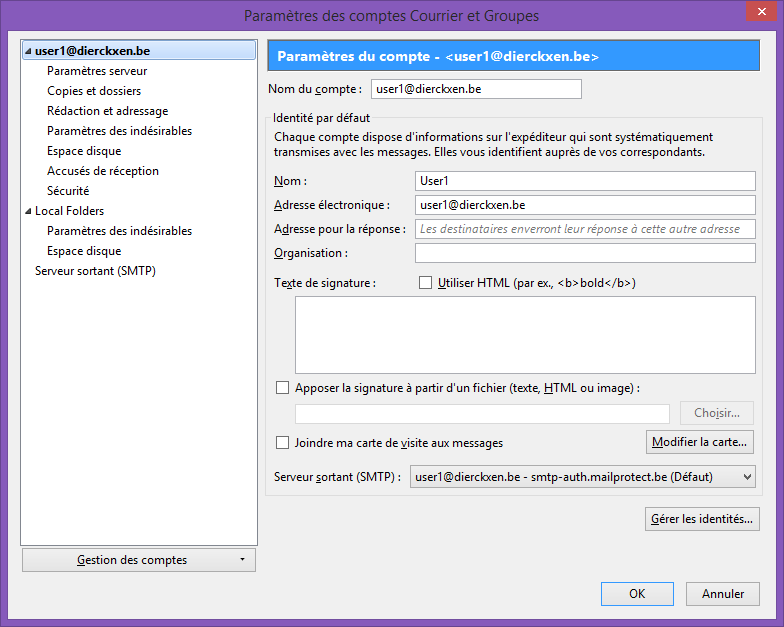 Paramètres des comptes Courrier et Groupes