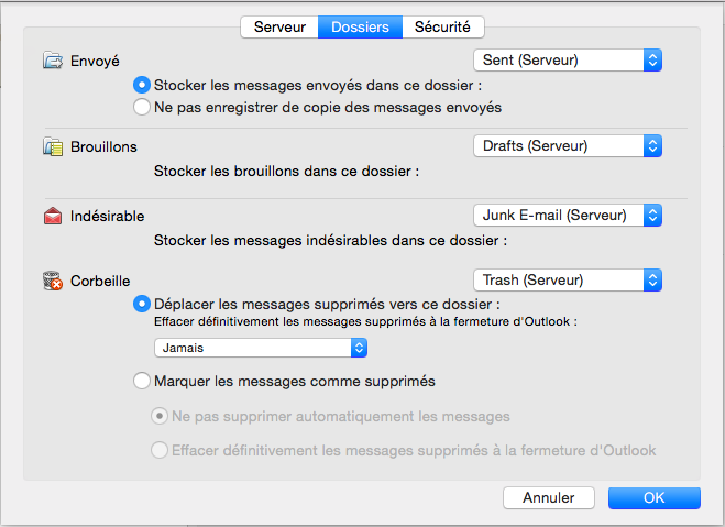 Paramètres avancés: dossiers