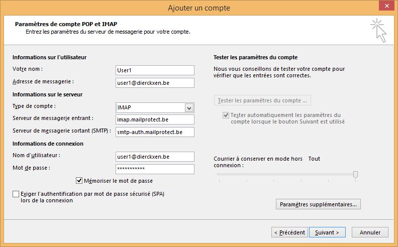 Choisissez IMAP ou POP3 dans le menu déroulant et complétez les données manquantes
