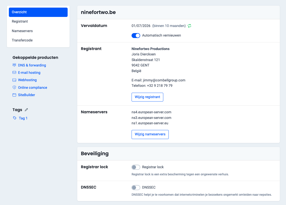 screenshot of the control panel