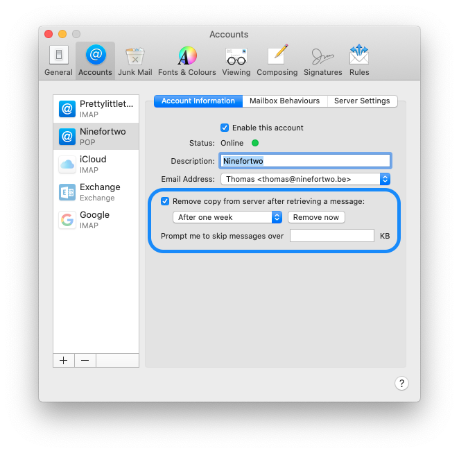 tab "Accountinformatie" en vink de optie aan om e-mails van de server te verwijderen na het ophalen door Apple Mail