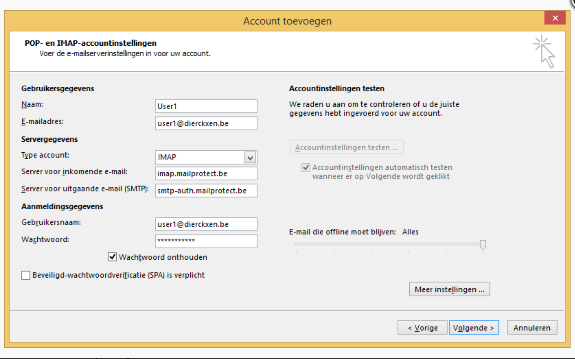 Kies voor IMAP of POP3 in het uitklapmenu en vul de ontbrekende gegevens in