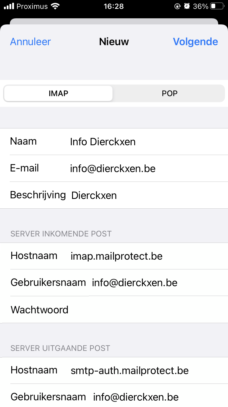 iOS instellen uitgaande en ingaande server