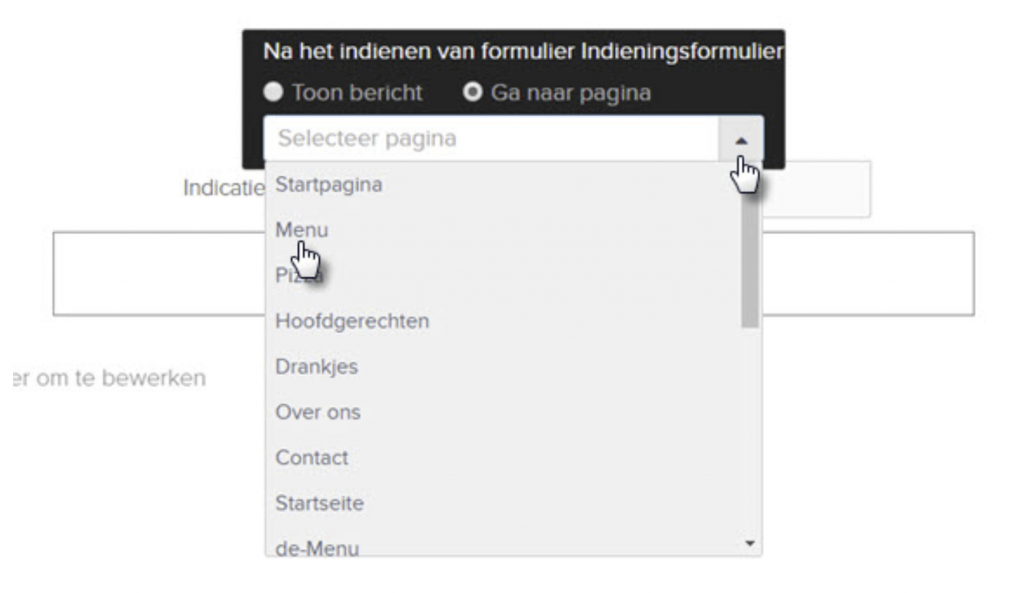 formulier actie na indienen selecteer pagina