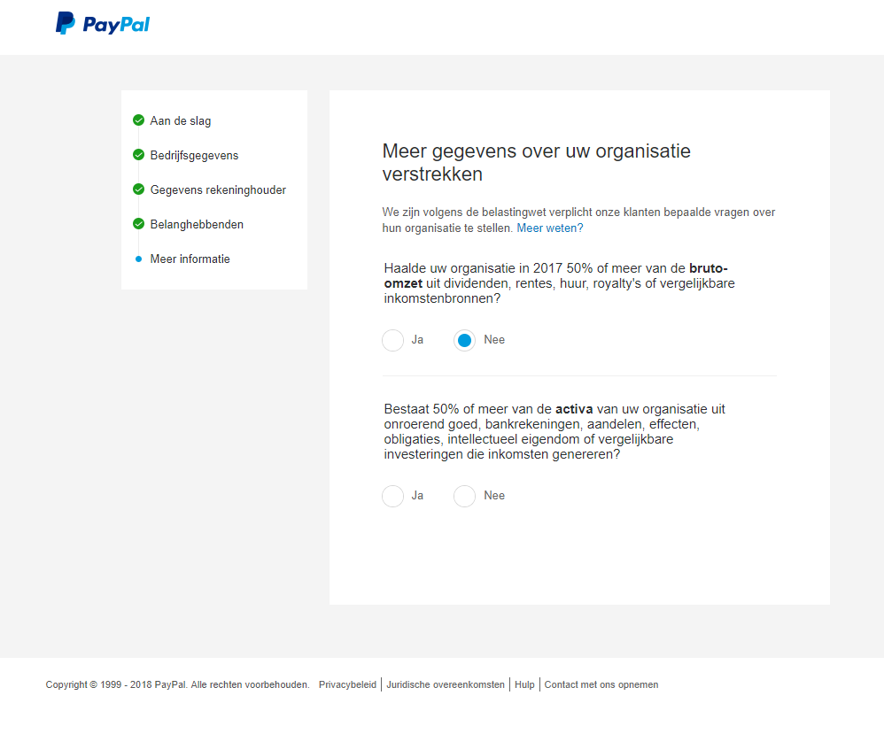Paypal gegevens organisatie